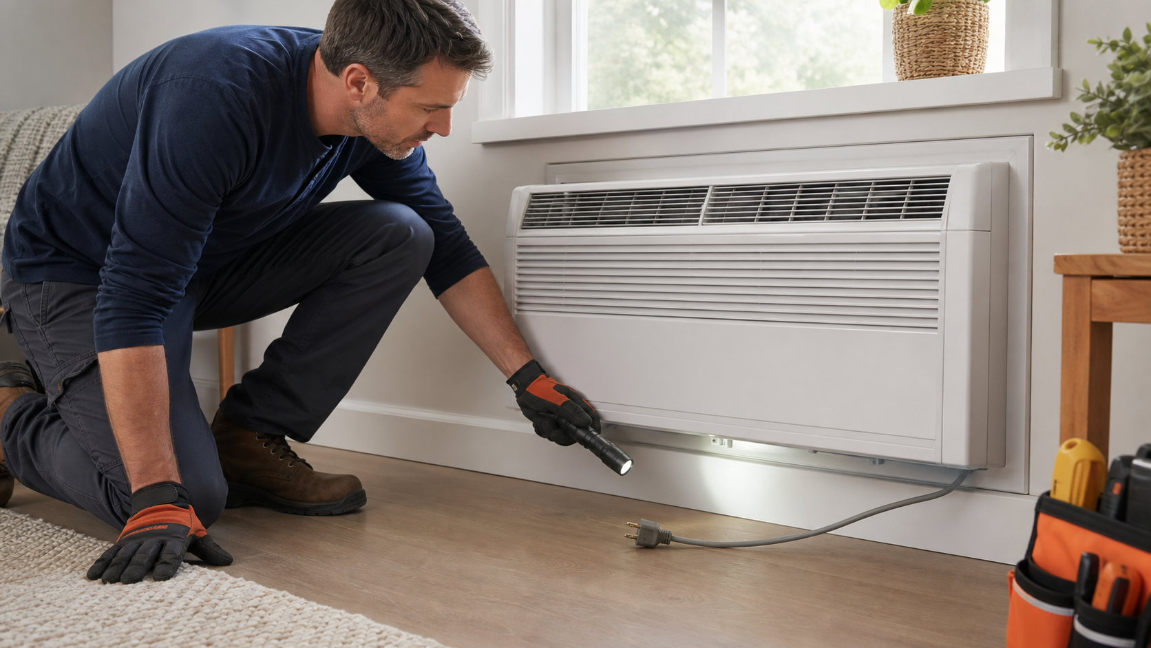 Technician visually checking the label on an unplugged through-the-wall air conditioner with orange gloves nearby