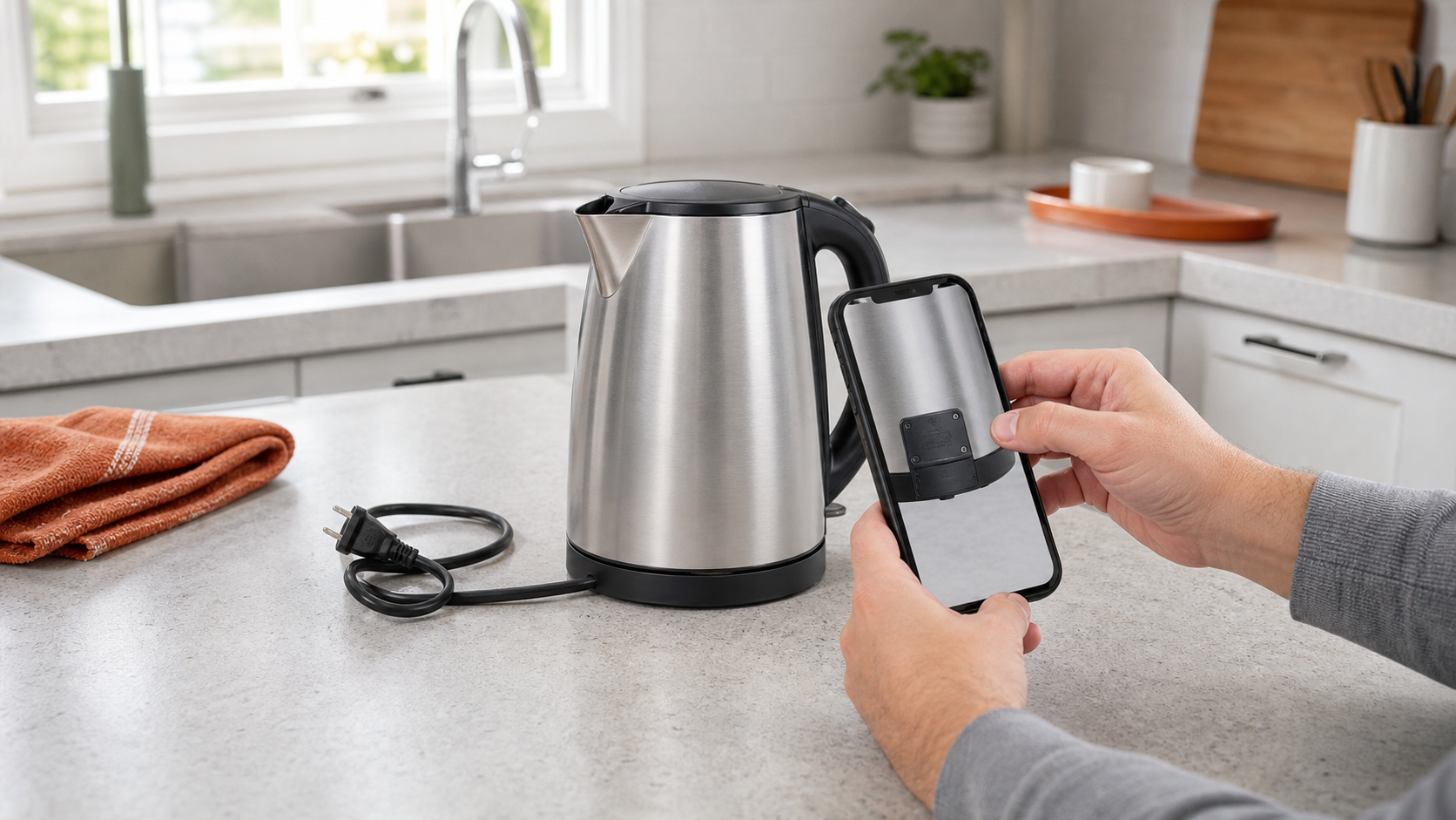 Homeowner photographing the model label of an unplugged unbranded travel kettle on a bright kitchen counter