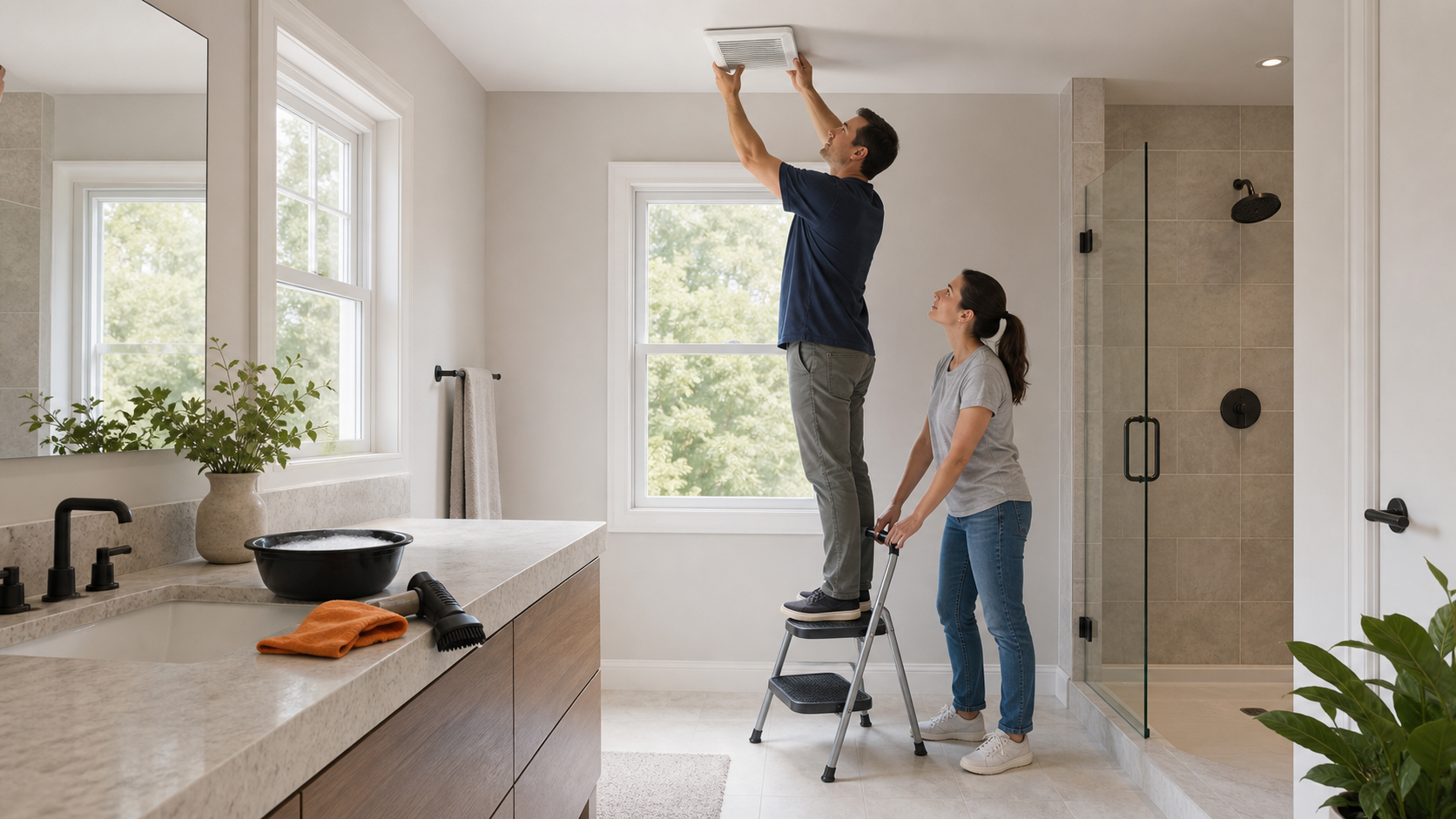 Two adults safely cleaning a plain bathroom exhaust-fan grille with a vacuum and basin prepared nearby