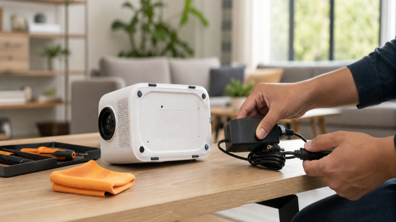 Homeowner setting aside the power adapter for an unplugged portable projector while checking its blank underside label area