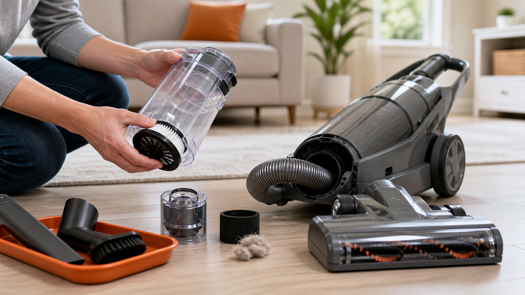 Homeowner inspecting the bin, filter, hose, and floor head of an unplugged unbranded upright vacuum