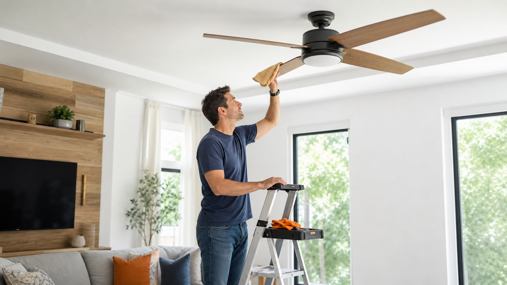Homeowner safely dusting one stopped unbranded ceiling-fan blade from a sturdy step ladder
