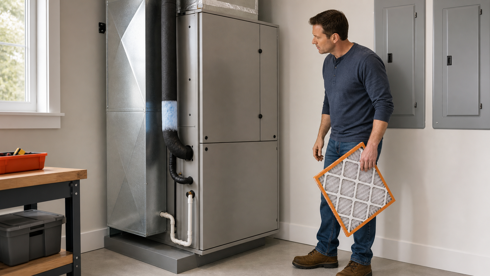 Homeowner holding a clean filter beside a closed unbranded central air handler with visible frost on an exterior insulated line