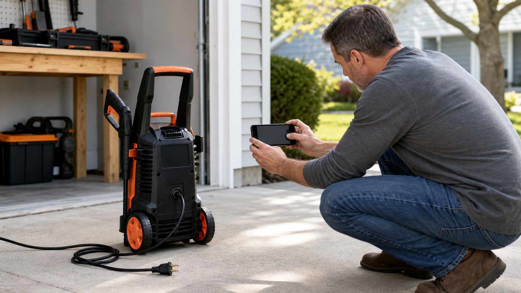 Unplugged generic orange and black electric pressure washer on a dry driveway while a homeowner photographs its blank rear label area