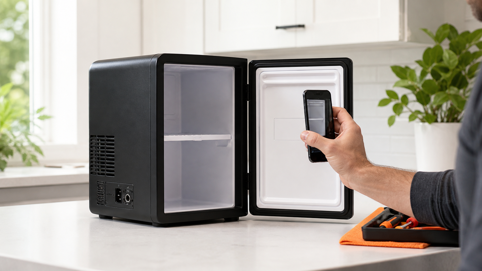 Unplugged generic countertop minifridge with its rear power ports visible while a homeowner photographs the inside-door label