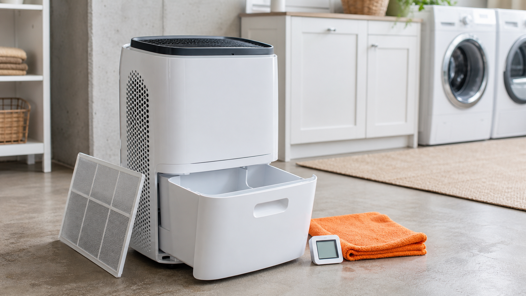 Portable dehumidifier with removable bucket, clean filter, hygrometer, and orange cloth in a bright basement
