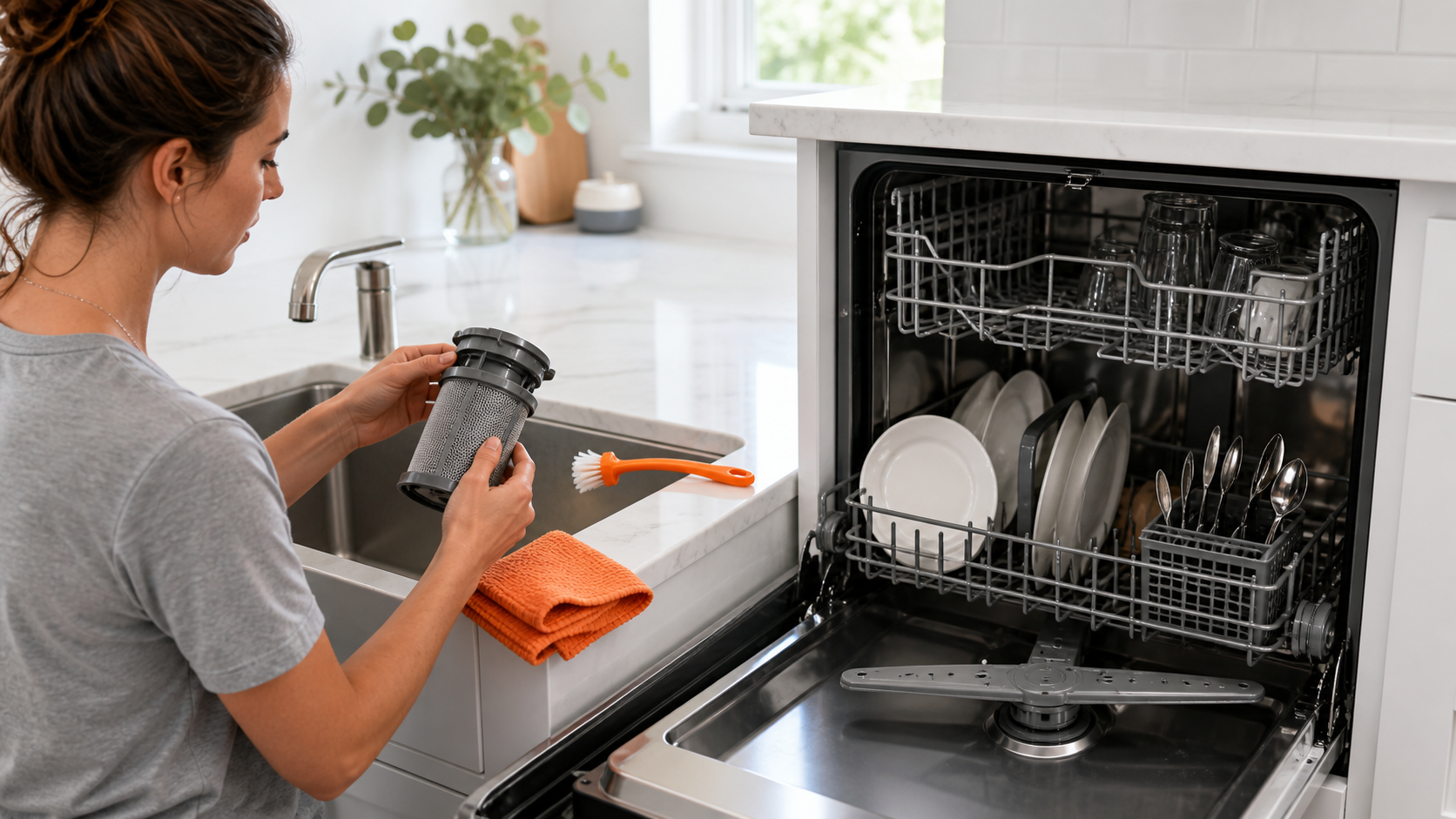 Homeowner inspecting an unbranded dishwasher filter beside an open dishwasher in a bright kitchen