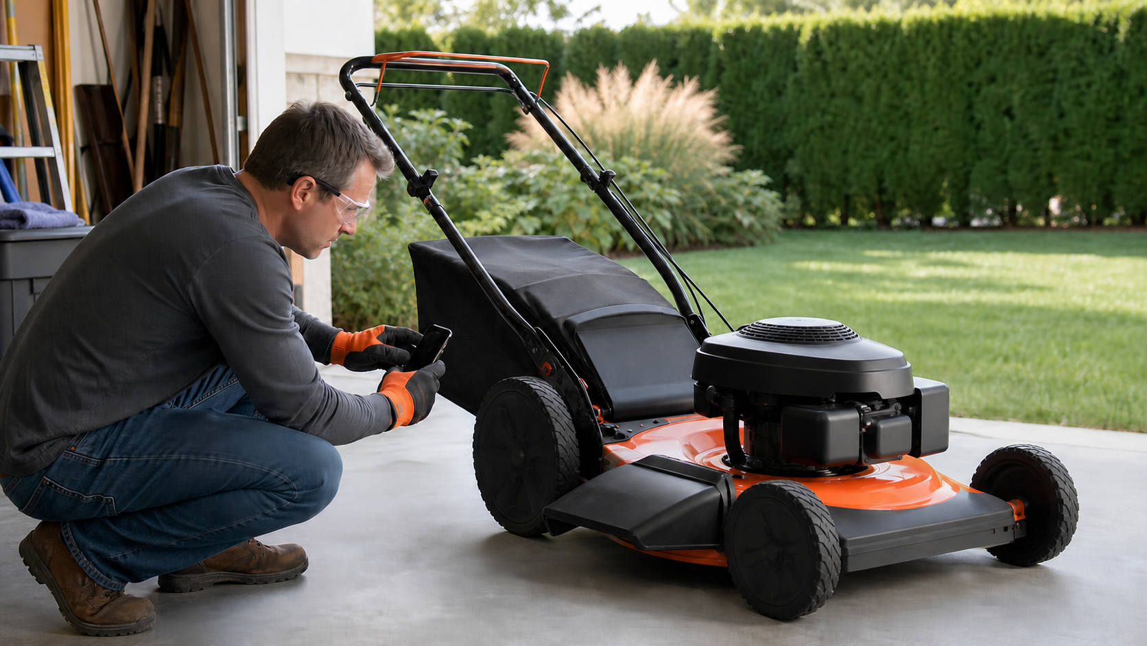Homeowner safely photographing the blank identification plate area on a stopped unbranded wide-cut walk-behind mower
