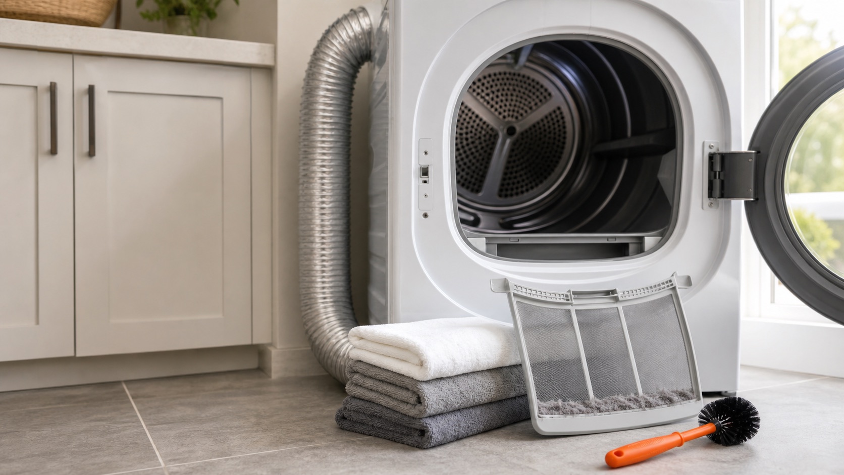 Open clothes dryer with a clean lint screen, folded towels, and an orange vent-cleaning brush