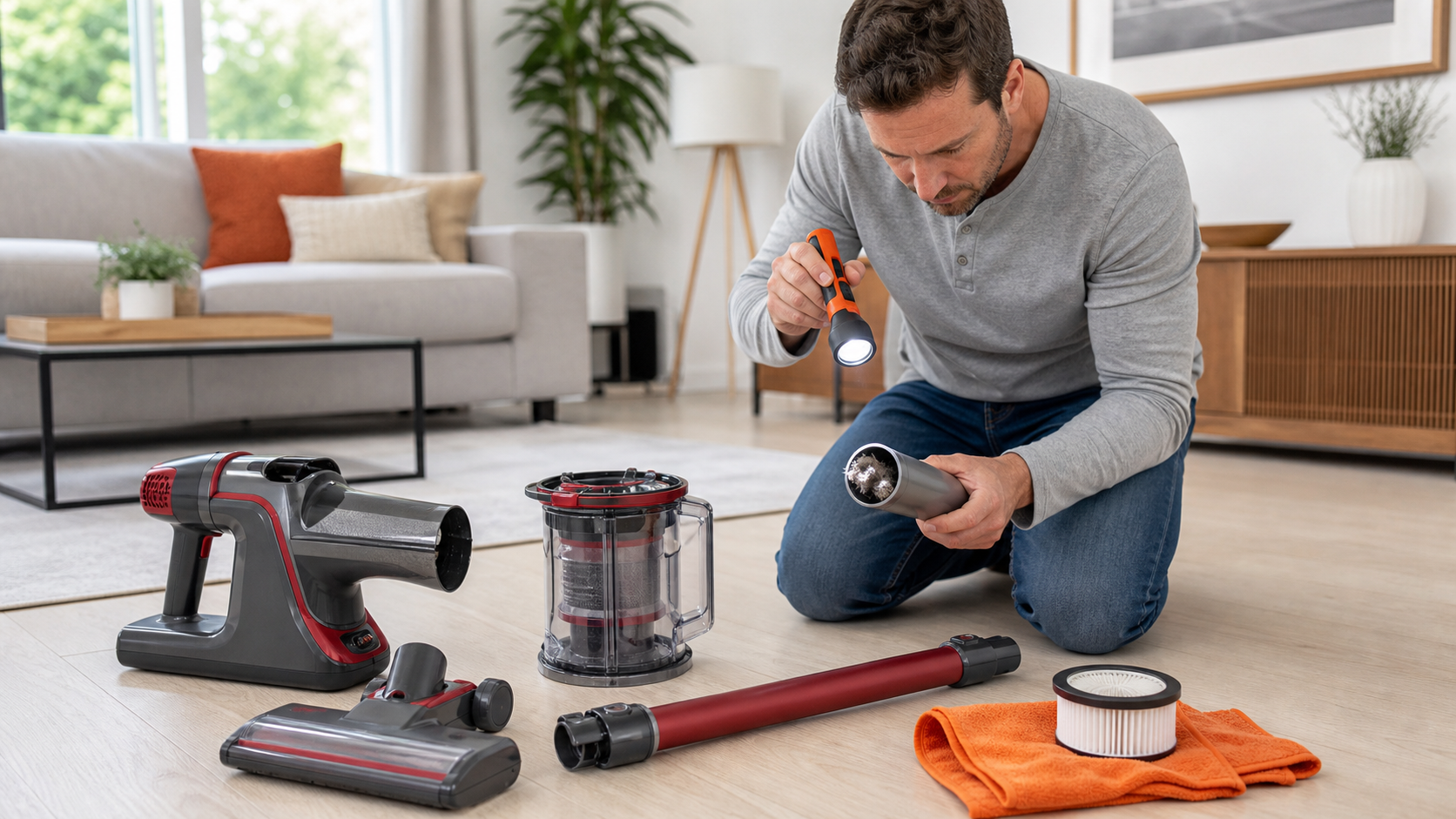 Generic cordless stick vacuum disassembled on a clean floor while a homeowner checks its wand for a lint blockage with an orange flashlight