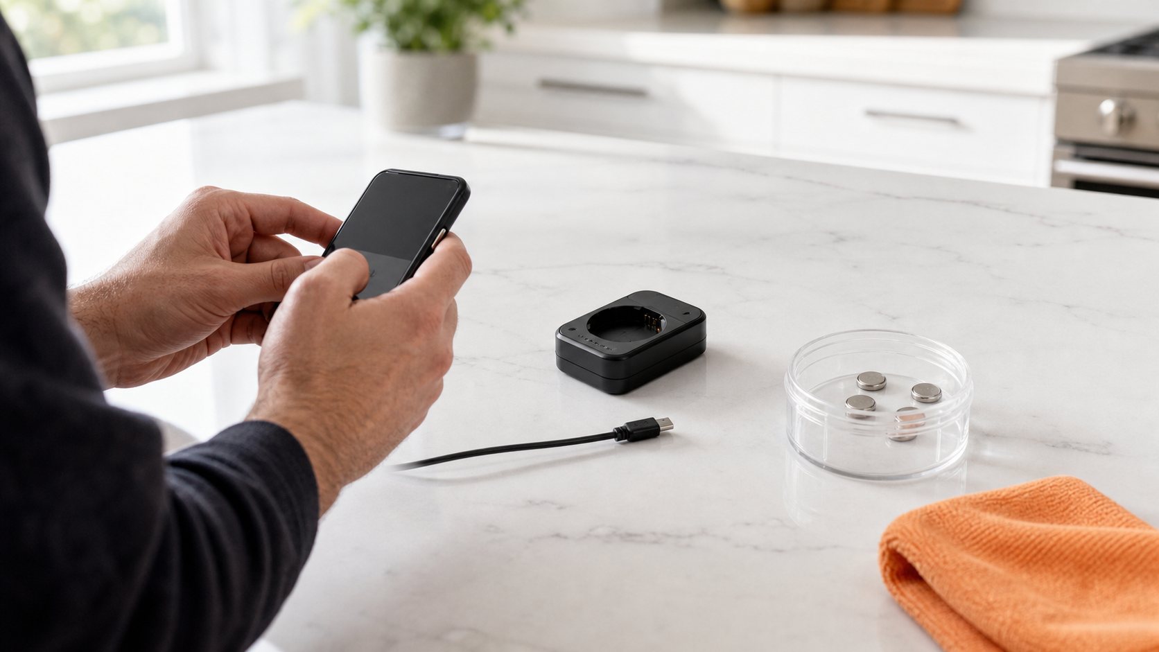 Adult photographing an unplugged unbranded coin-battery charger beside secured silver coin cells on a bright counter