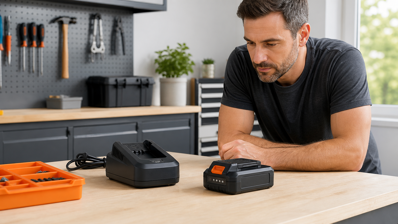Generic cordless yard-tool battery resting beside an unplugged charger on a dry garage workbench while a homeowner inspects the indicator