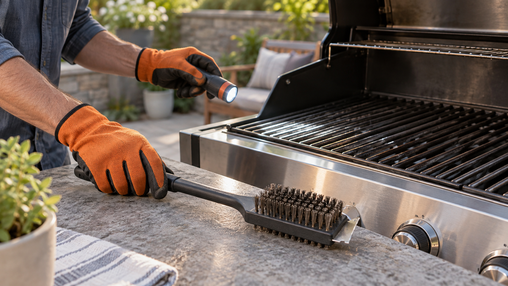 Unbranded wire-bristle grill brush isolated beside a cold clean grill grate while orange-gloved hands inspect it under bright light