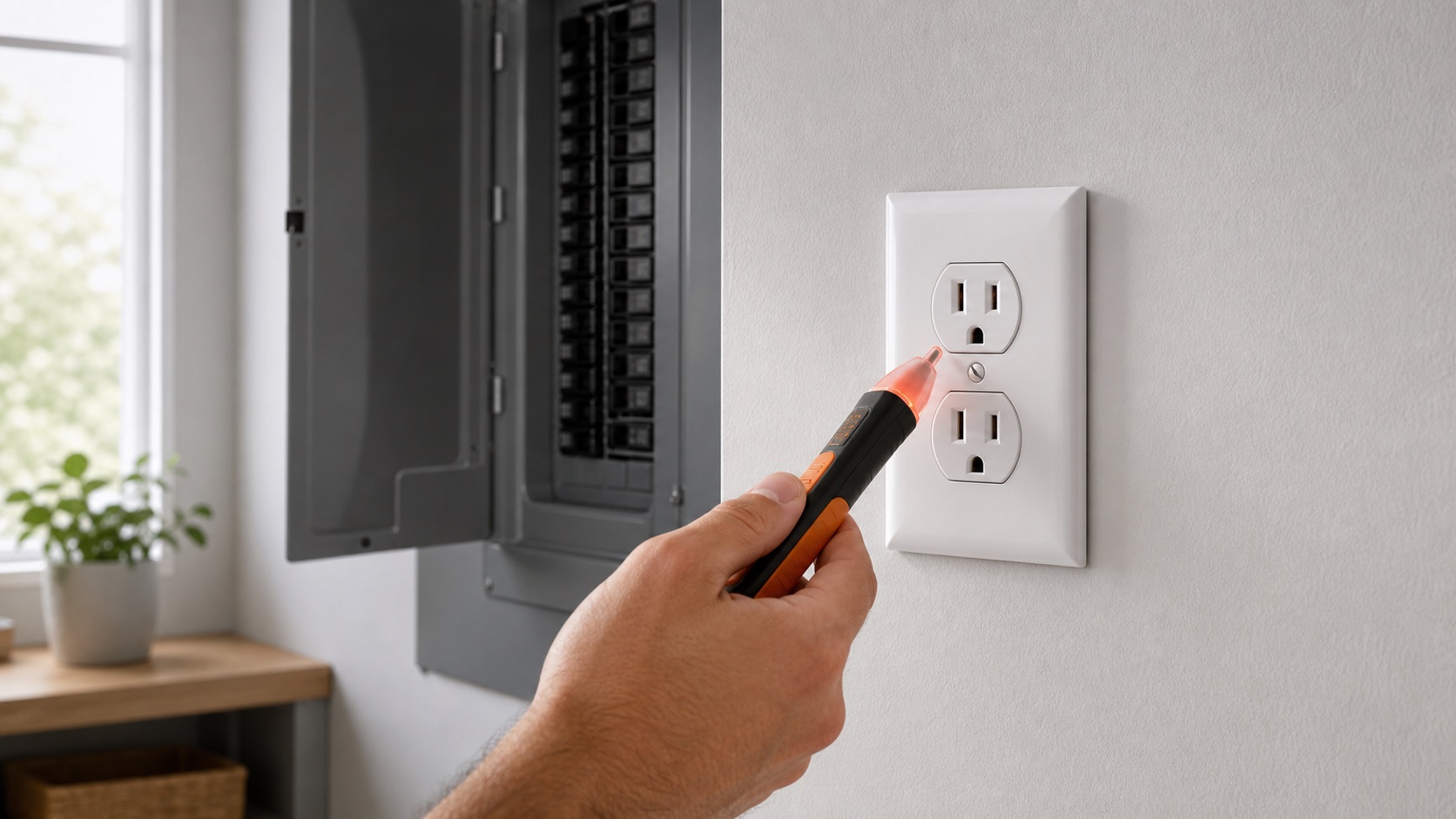 Hand using an orange non-contact voltage tester near a wall outlet with a breaker panel behind it