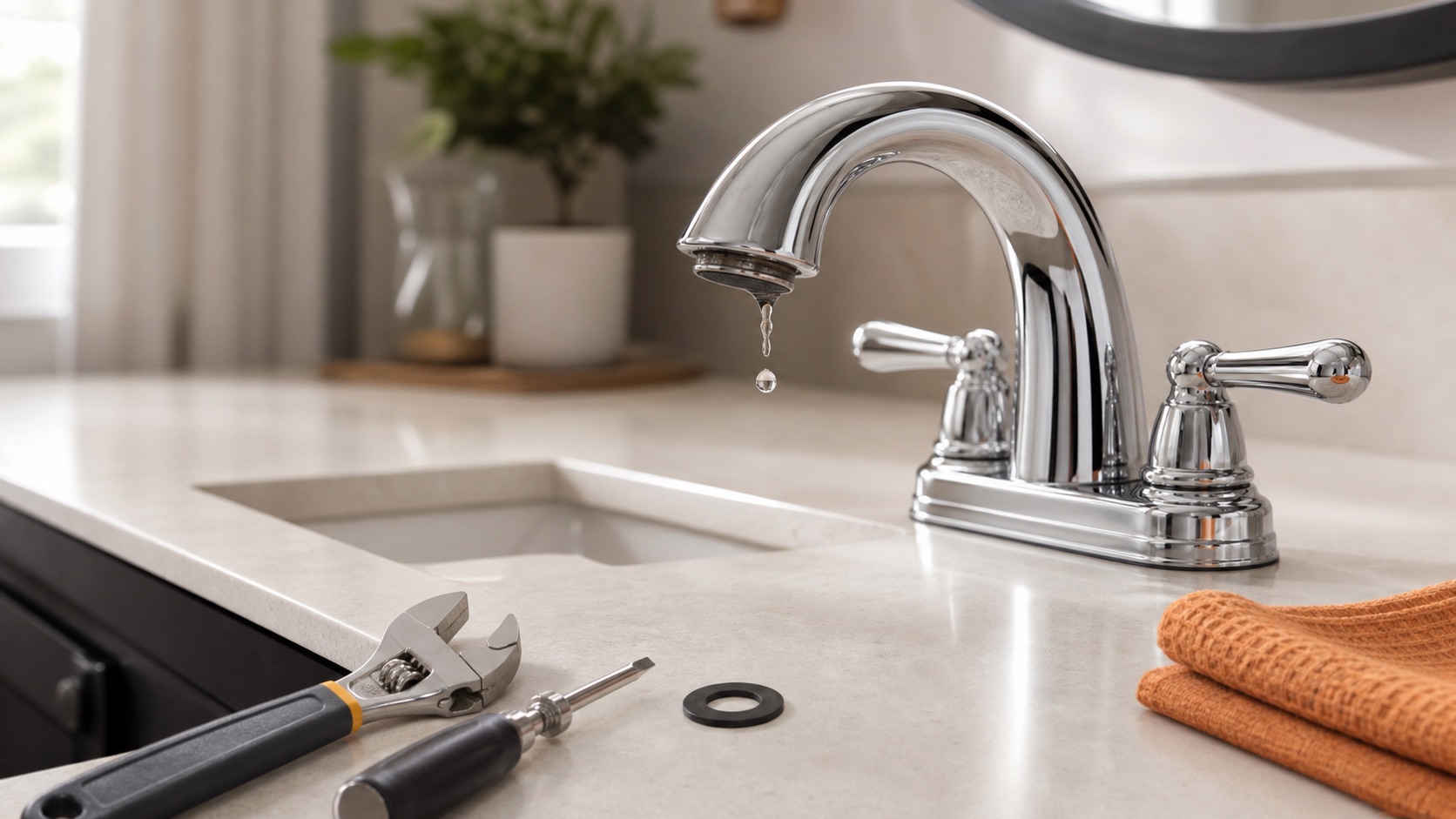 Chrome bathroom faucet dripping beside a wrench, screwdriver, replacement washer, and orange cloth