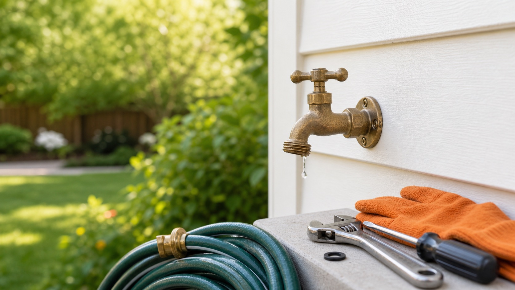 Outdoor brass faucet above a garden hose beside a wrench, screwdriver, and orange work gloves