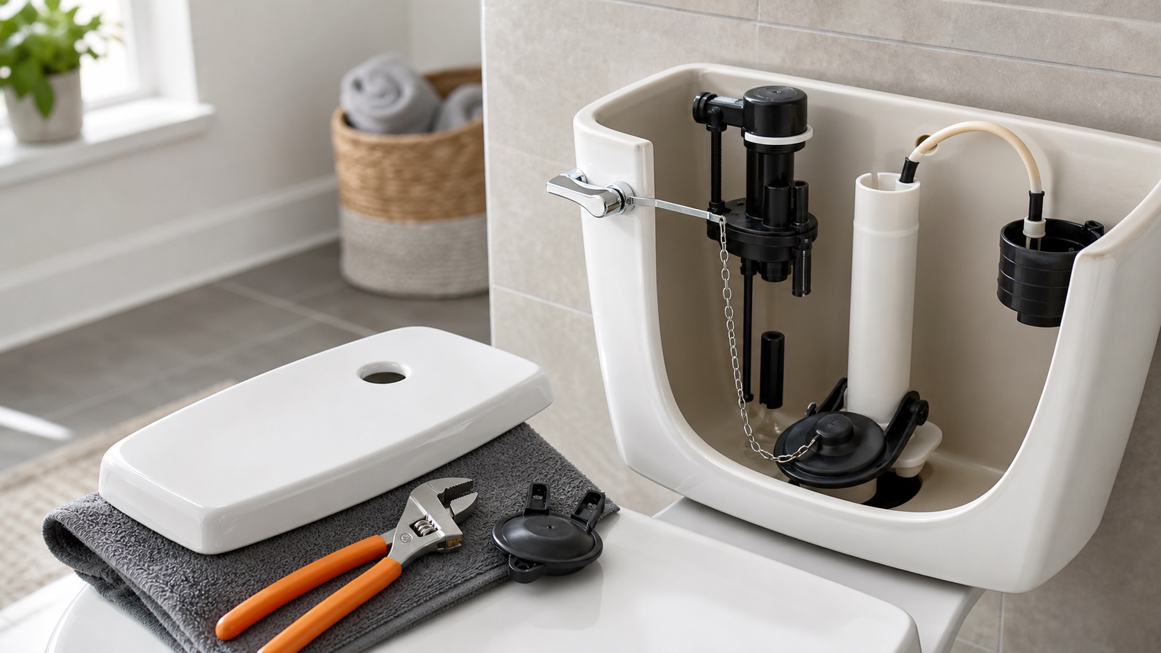 Open toilet tank with visible flapper, chain, float, and fill valve beside orange-handled pliers