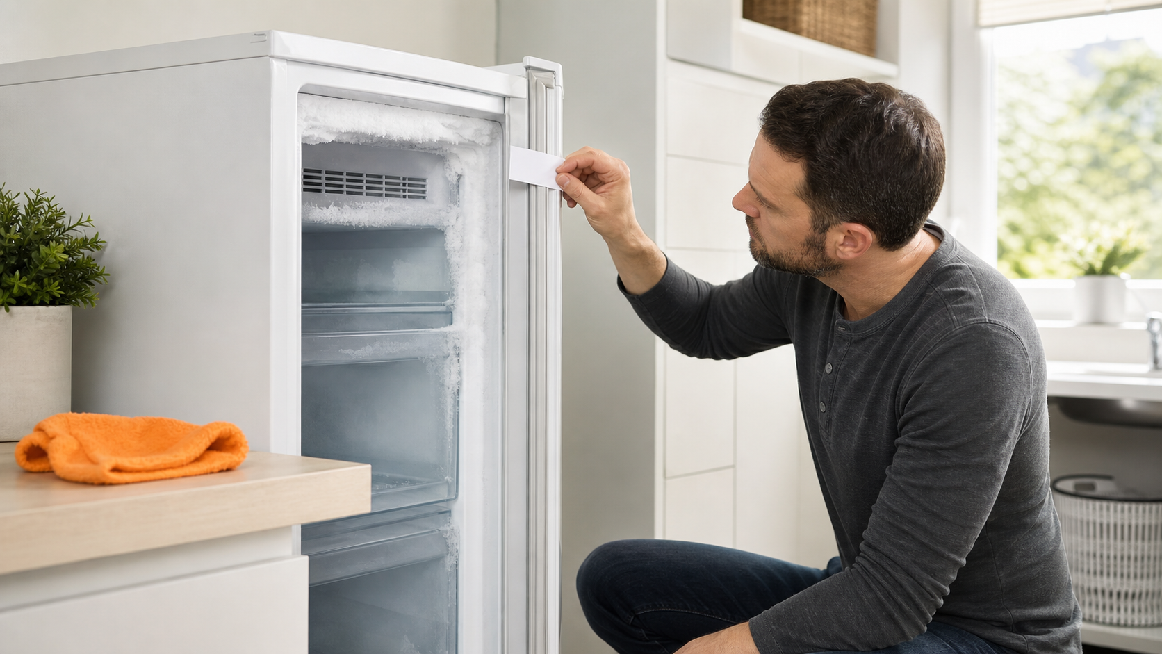 Homeowner testing the seal of an unbranded frosted upright freezer with a strip of paper