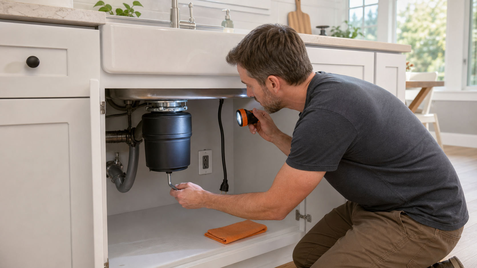 Homeowner turning a bottom-mounted disposal wrench on an unplugged unbranded garbage disposal