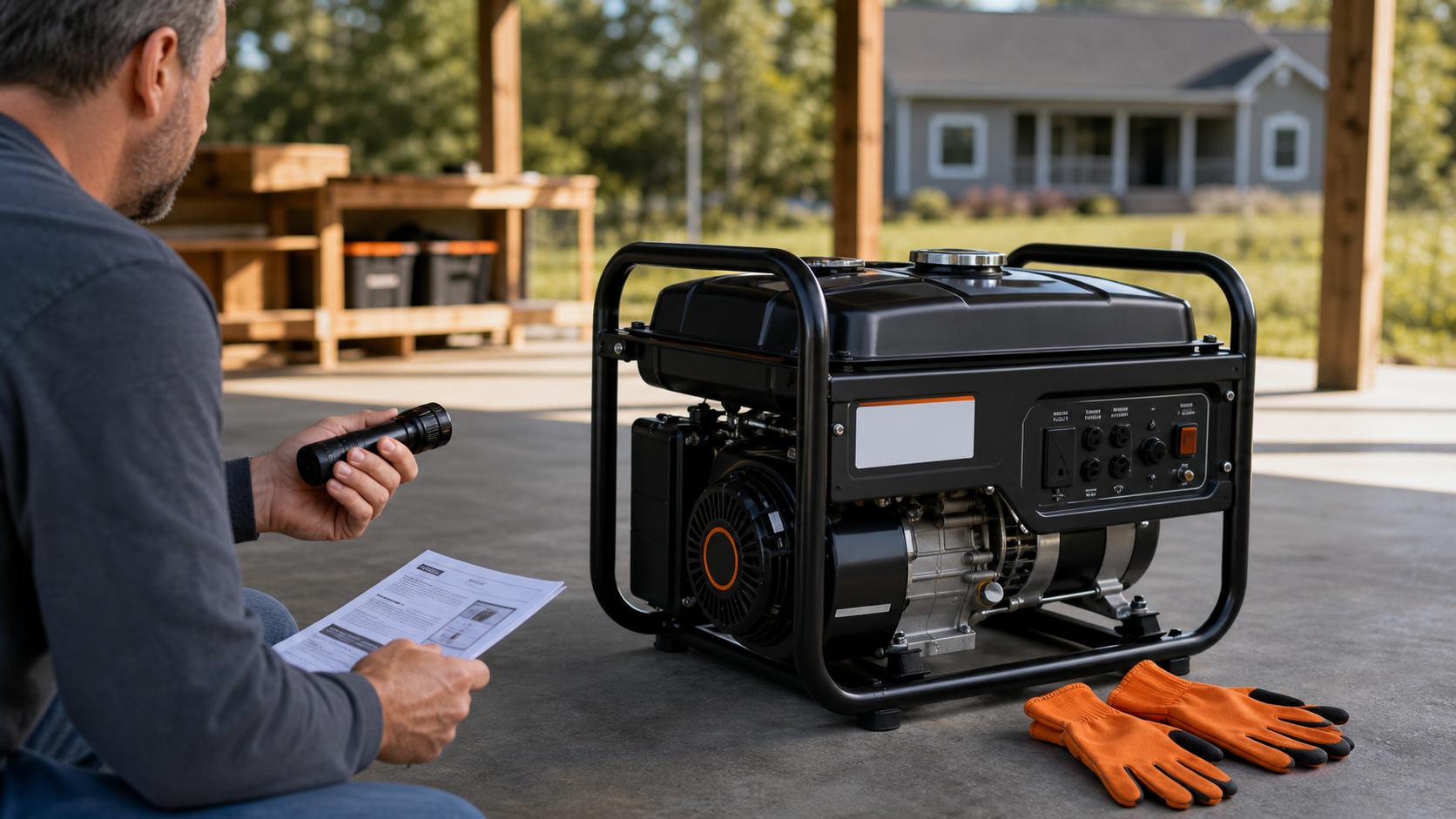 Homeowner checking a portable generator label outdoors with a manual, flashlight, and orange gloves