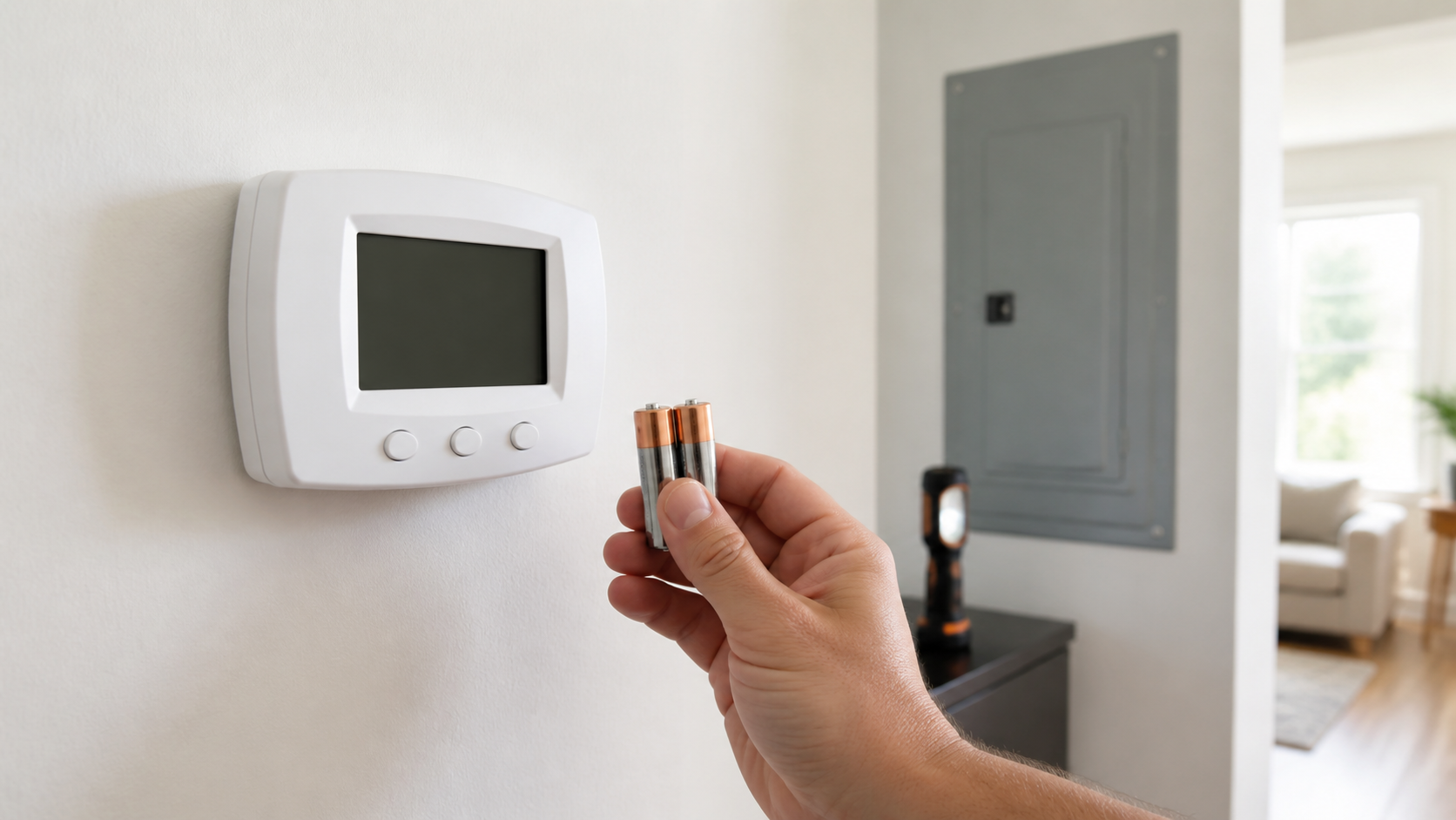 Adult holding two AA batteries beside an unbranded wall thermostat with a blank display and a closed breaker panel