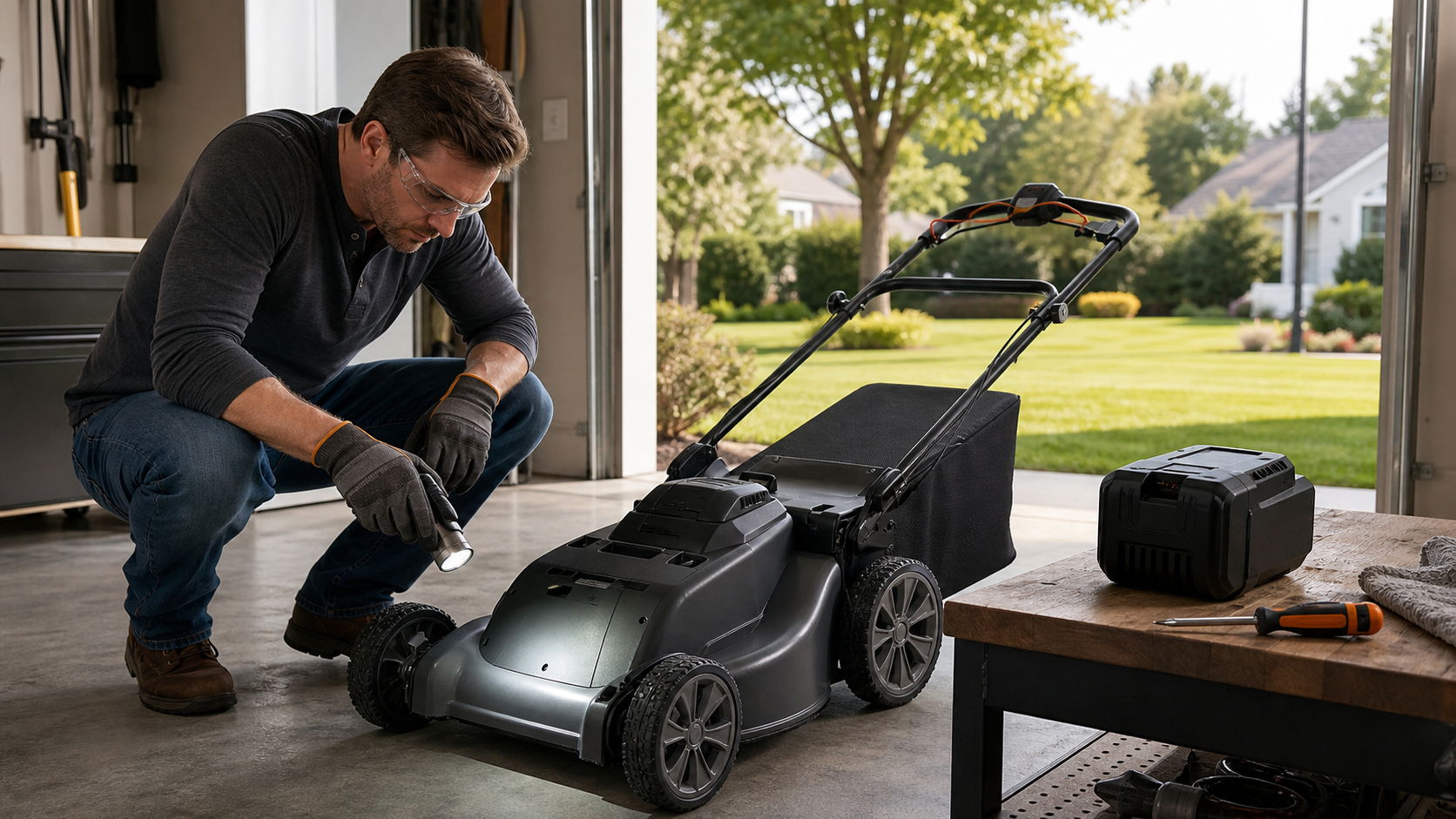 Homeowner in gloves inspecting a powered-down unbranded battery mower with its battery removed on a garage workbench