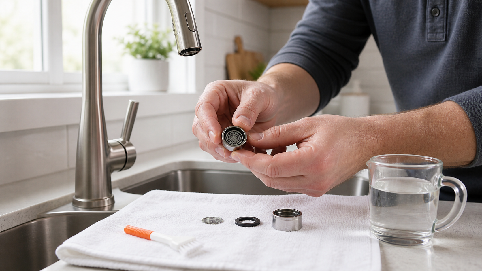Homeowner inspecting a generic kitchen faucet aerator and screen over a white towel