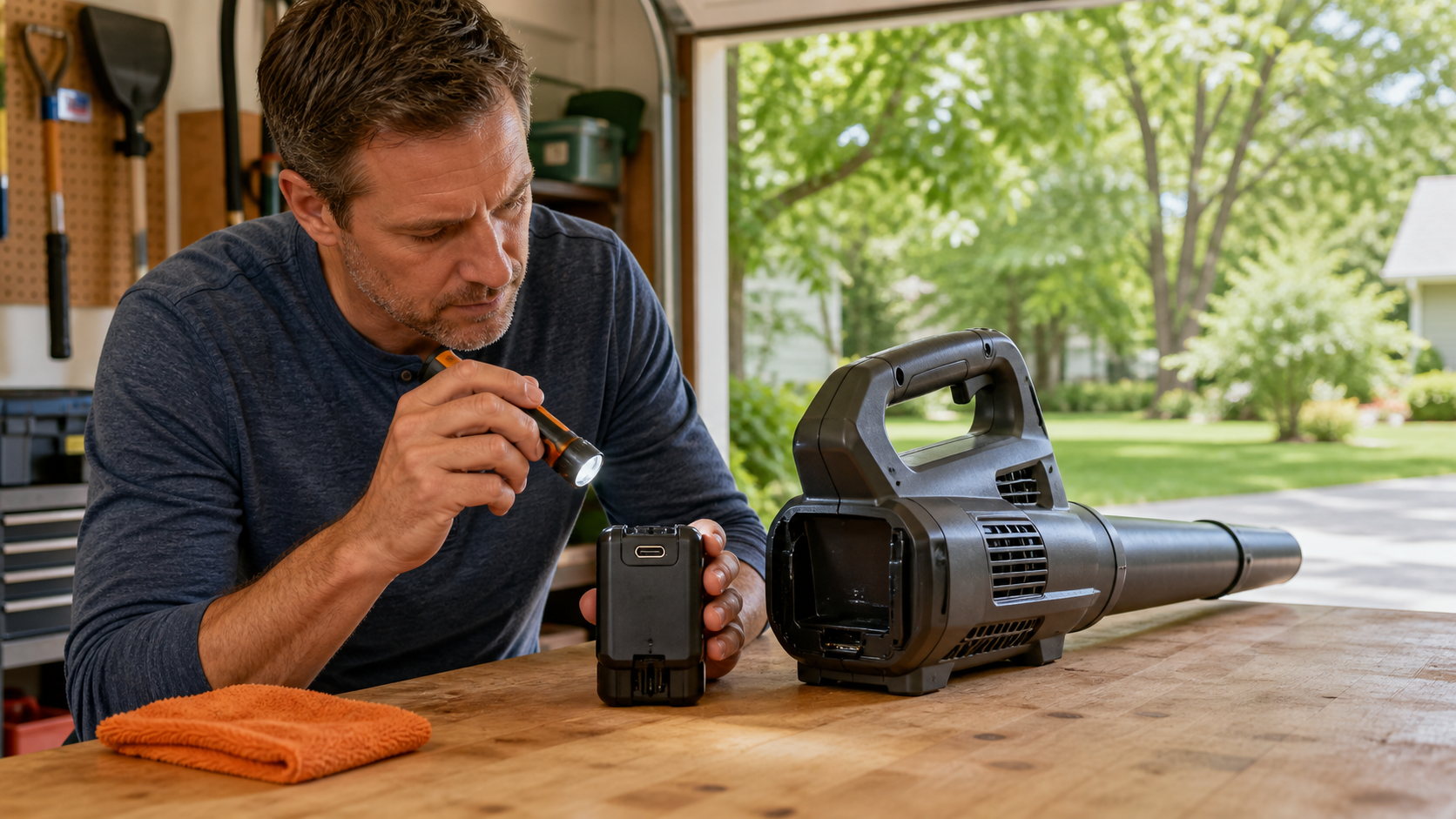 Homeowner inspecting the USB-C port on a removed unbranded yard-tool battery beside a cordless blower