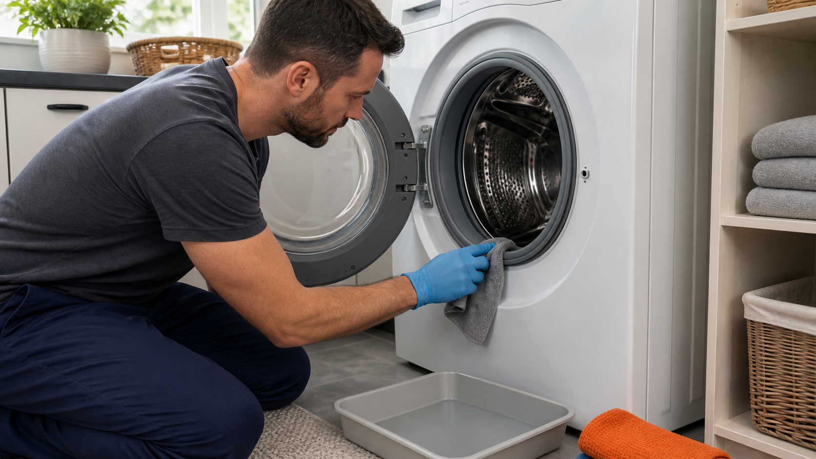 Homeowner wearing gloves and wiping the rubber gasket of a generic open front-load washer in a clean laundry room