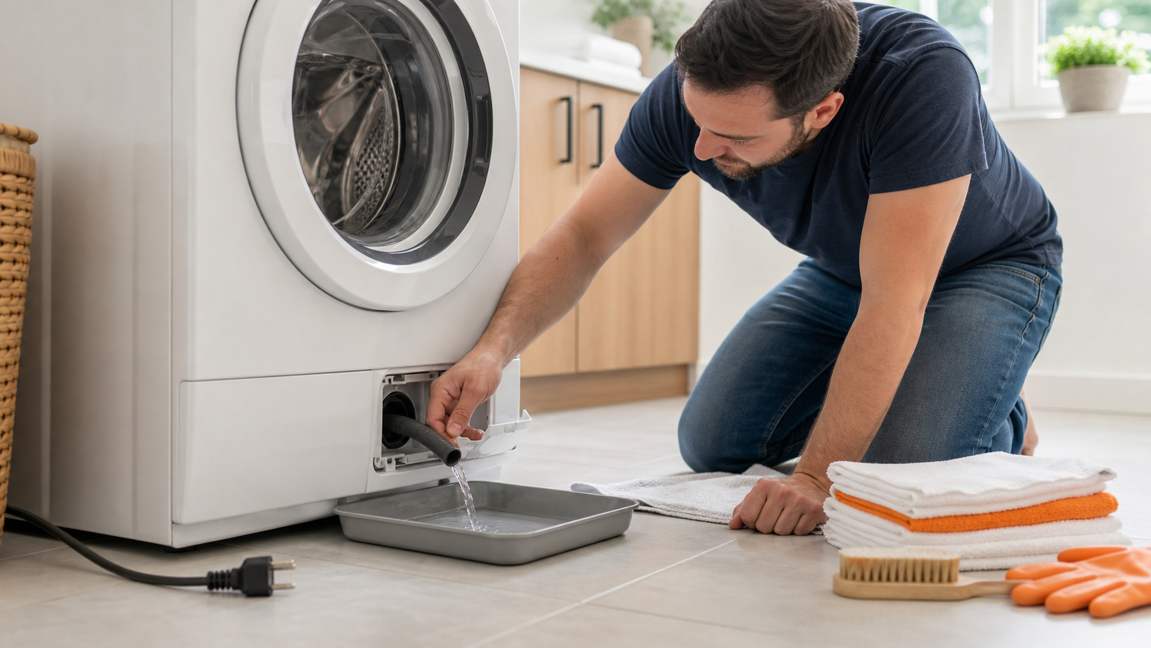 Homeowner draining an unplugged front-load washer filter into a shallow pan with orange towels