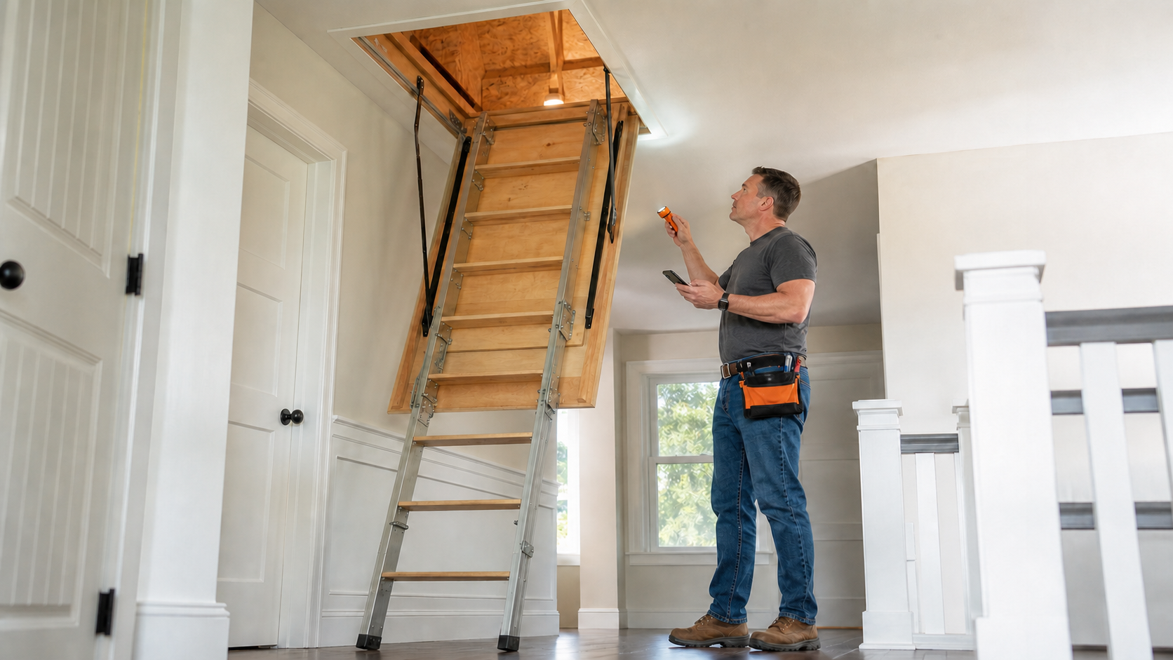 Homeowner safely inspecting an unbranded gas-strut attic stairway ladder from floor level without climbing it