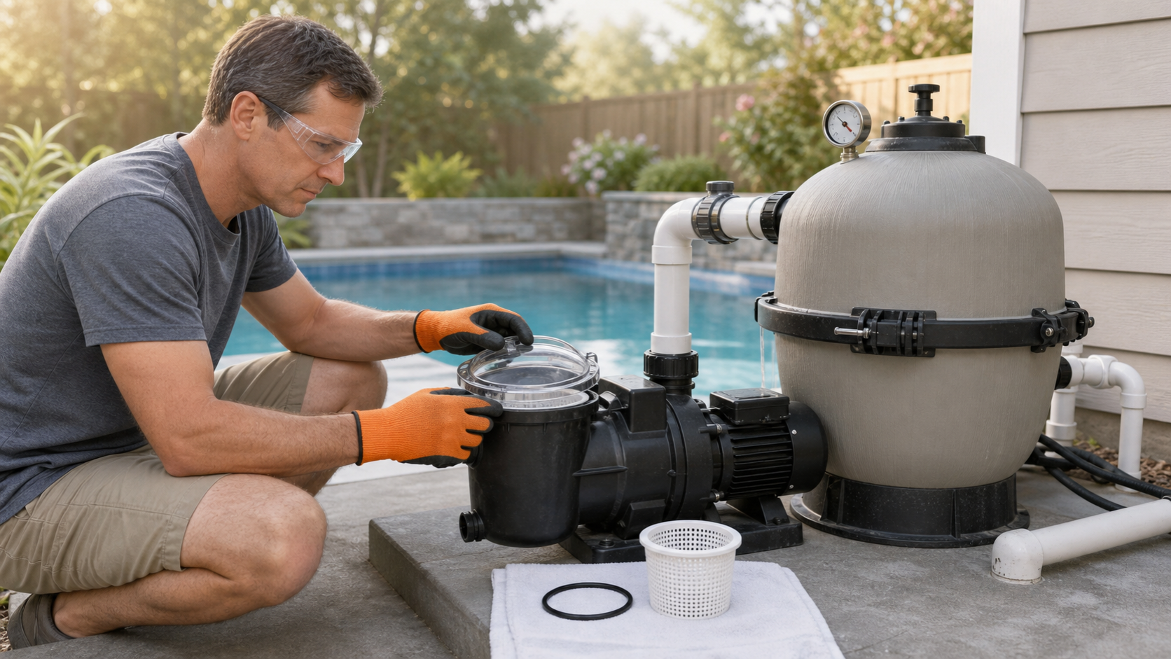 Homeowner inspecting the clear strainer lid on an unbranded pool pump after switching the equipment off