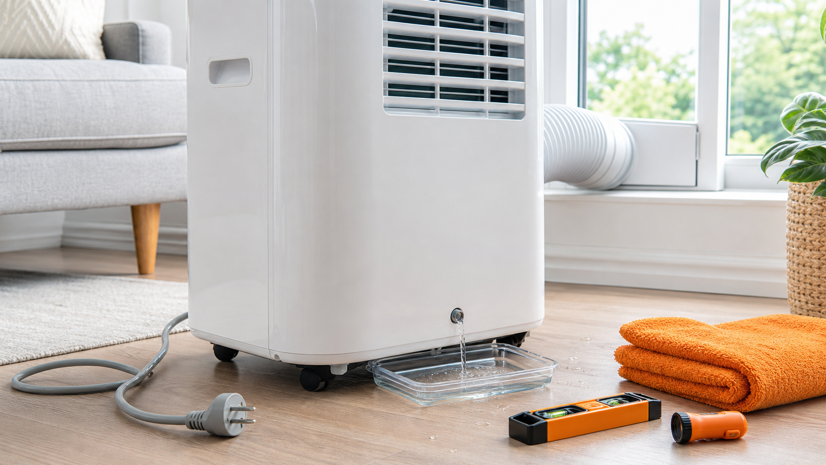 Unplugged portable air conditioner draining safely into a shallow pan beside orange towels and a level