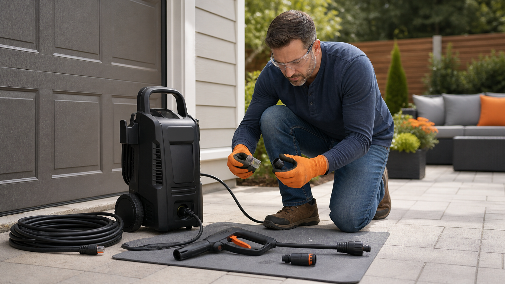 Homeowner wearing eye protection while inspecting an unbranded electric pressure washer with its power disconnected
