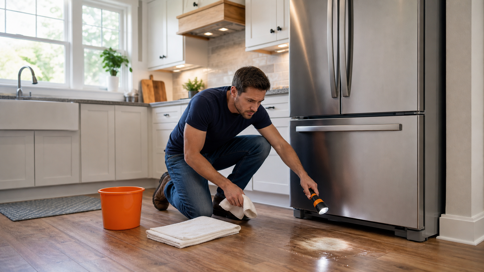 Homeowner using a flashlight to trace a small puddle beside an unbranded refrigerator in a clean kitchen