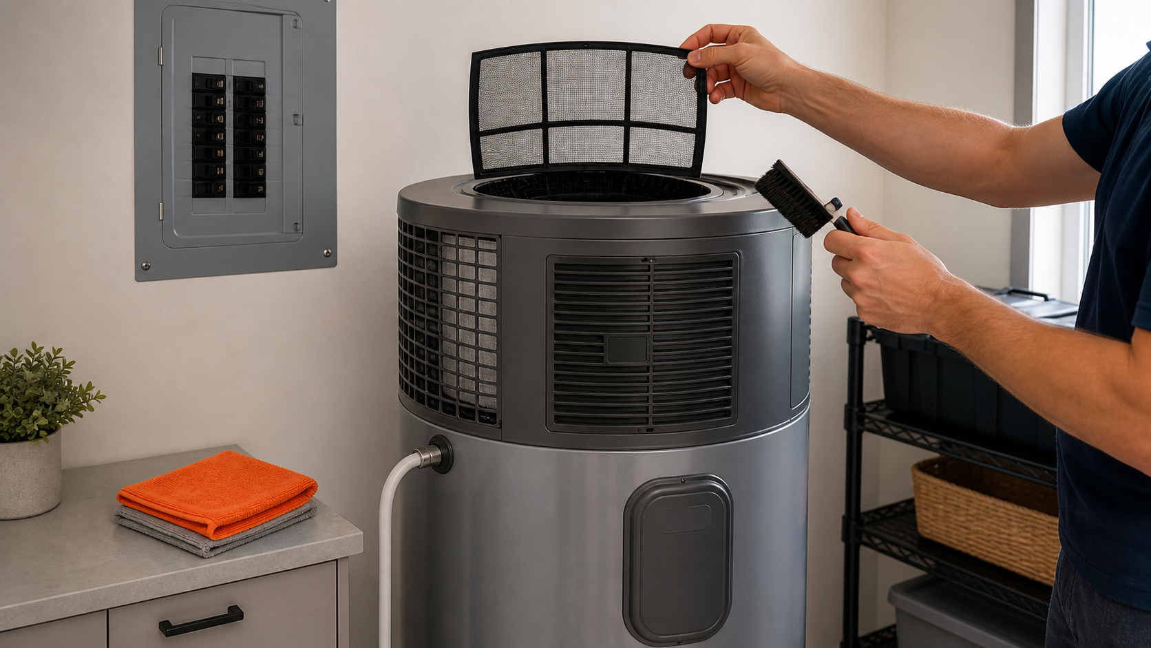 Homeowner lifting a washable mesh filter from an unbranded hybrid heat-pump water heater in a clean utility room