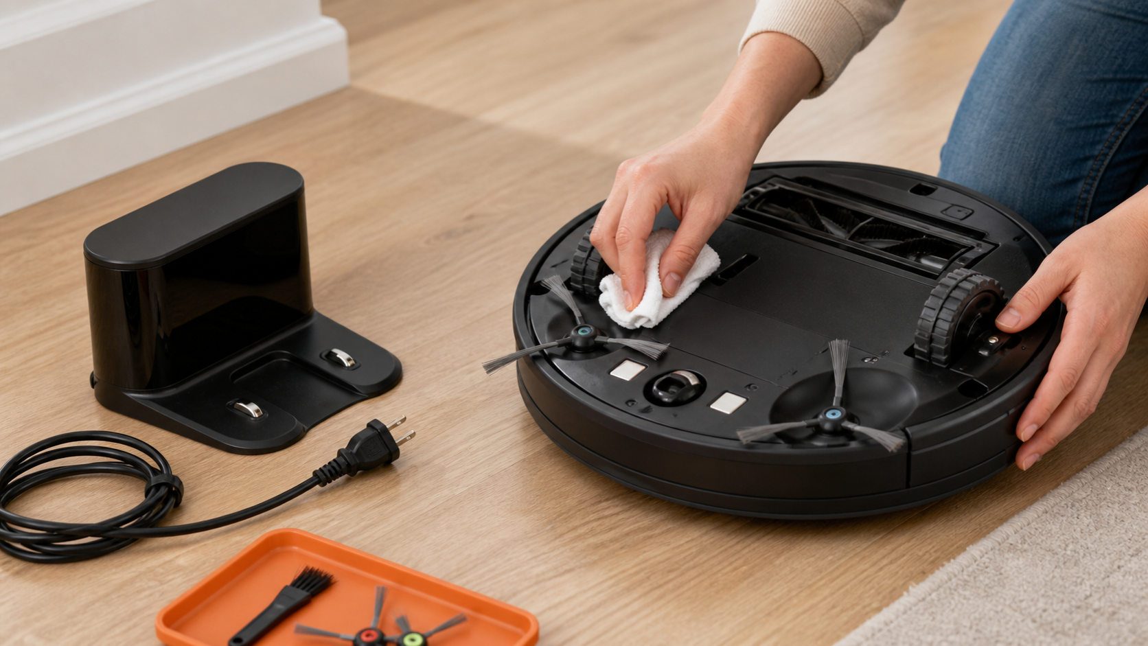 Homeowner cleaning metal contacts on an unbranded robot vacuum beside its unplugged charging dock