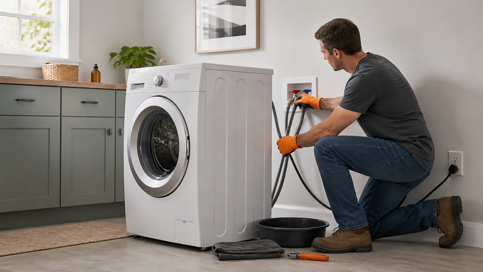 Homeowner safely inspecting hot and cold supply hoses behind an unplugged unbranded front-load washer