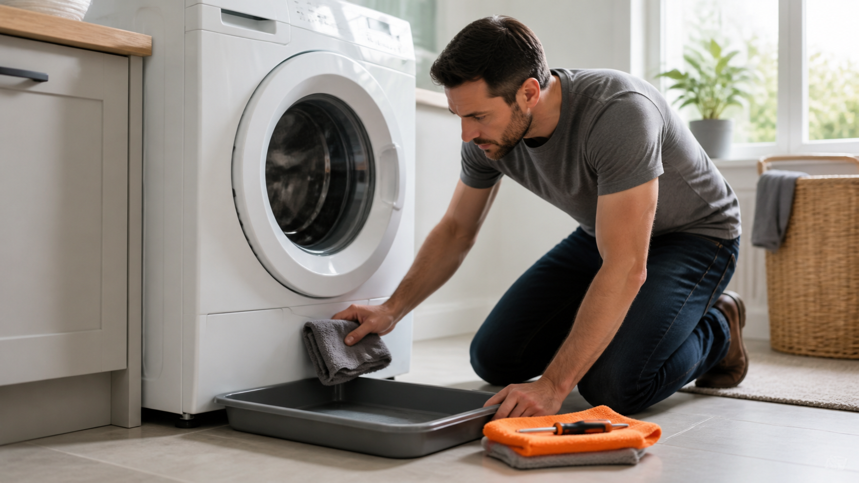Homeowner preparing a towel and shallow pan beside the lower access area of an unbranded front-load washer