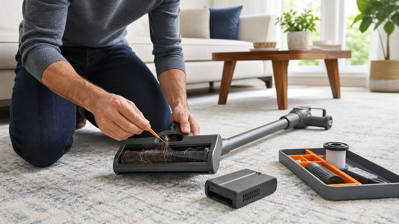 Homeowner clearing wrapped hair from an unbranded cordless vacuum floor nozzle with its battery removed