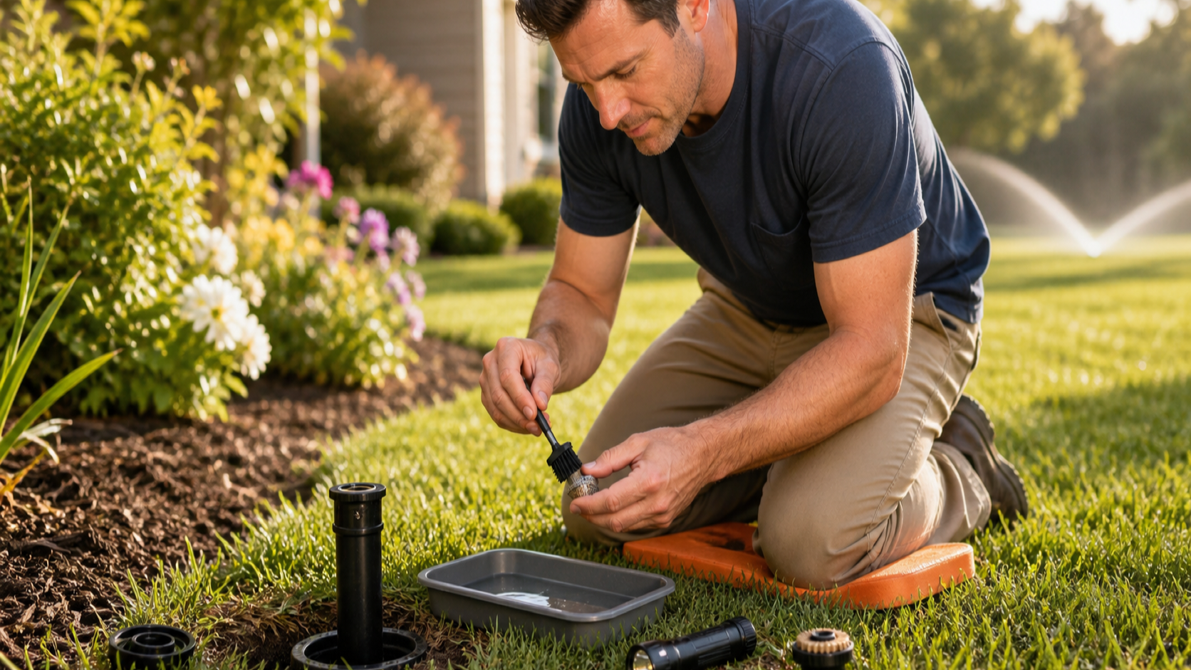 Homeowner cleaning a small sprinkler nozzle filter beside a spray head on an orange kneeling pad