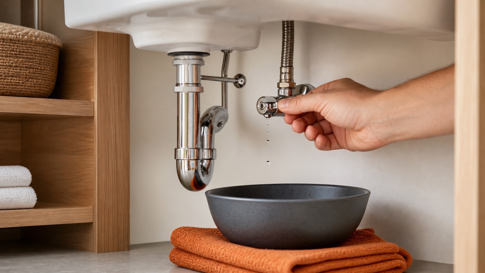 Hand turning an under-sink water shutoff valve above a bowl and folded orange towel
