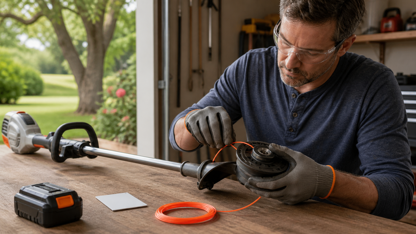 Gloved homeowner inspecting an unbranded string trimmer spool on a workbench with the battery removed
