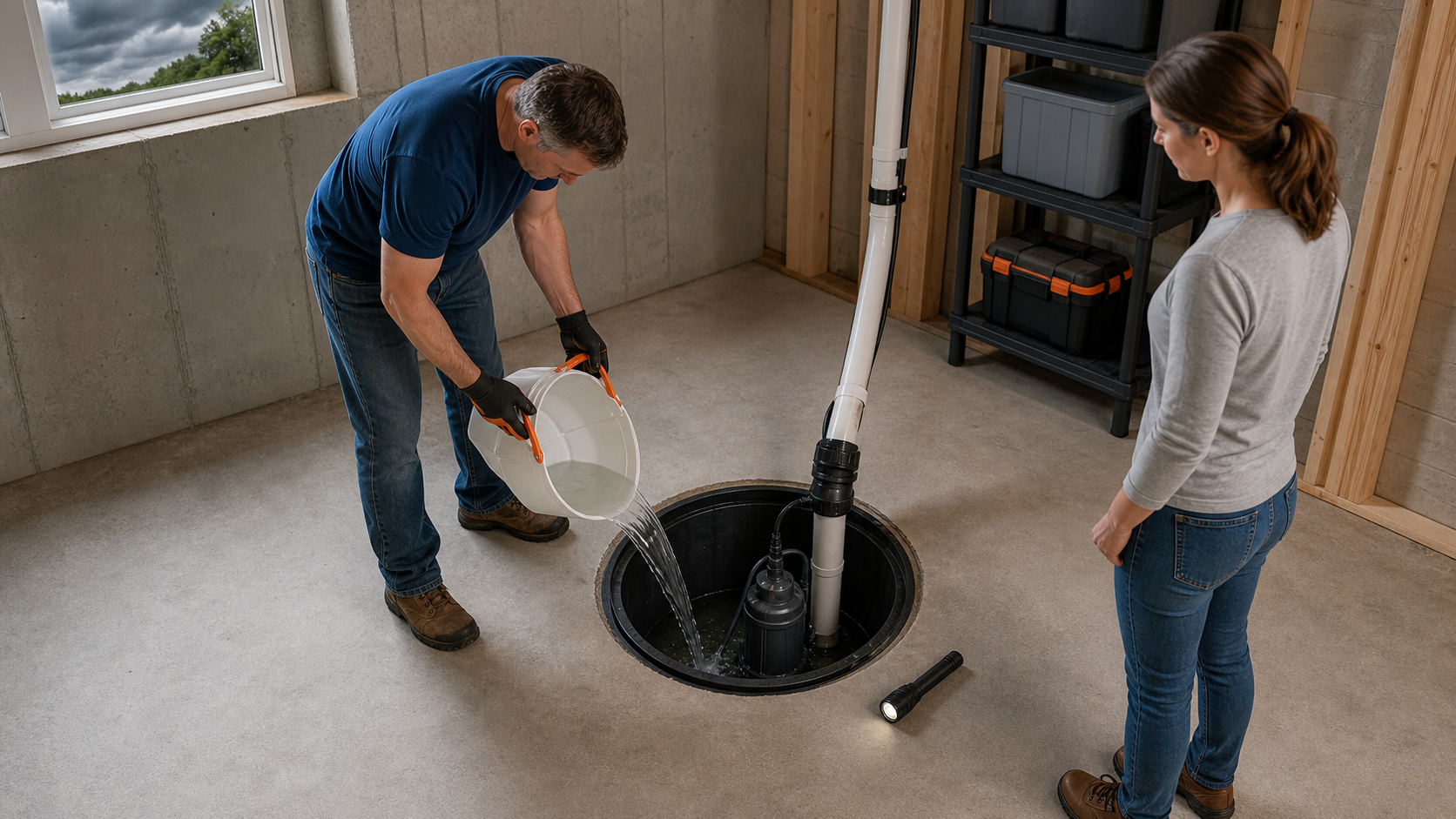 Clean basement sump pit being tested with a bucket of water, flashlight, and restrained orange safety gear