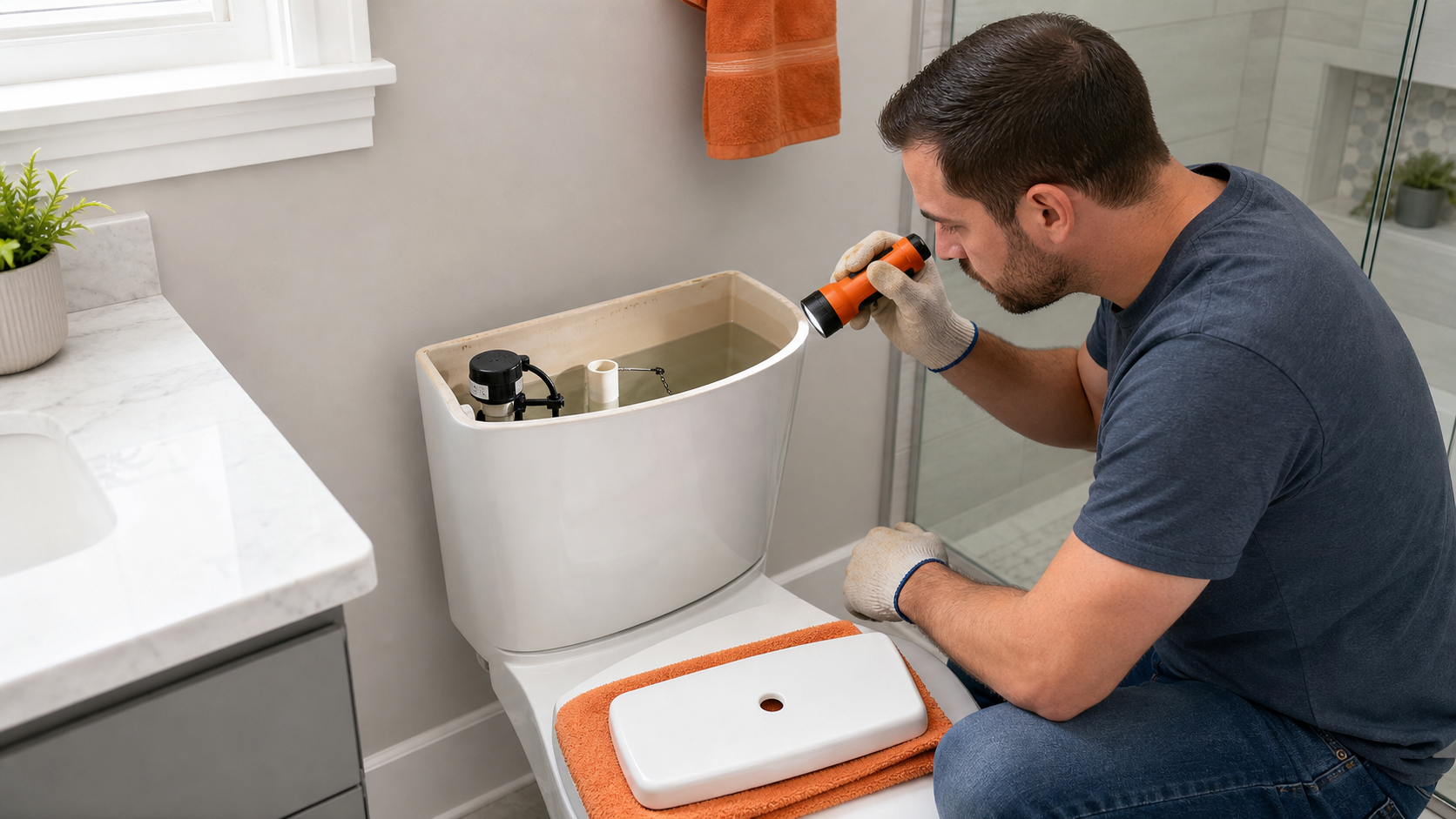 Homeowner using an orange flashlight to inspect the water level, flapper, and chain inside a clean open toilet tank