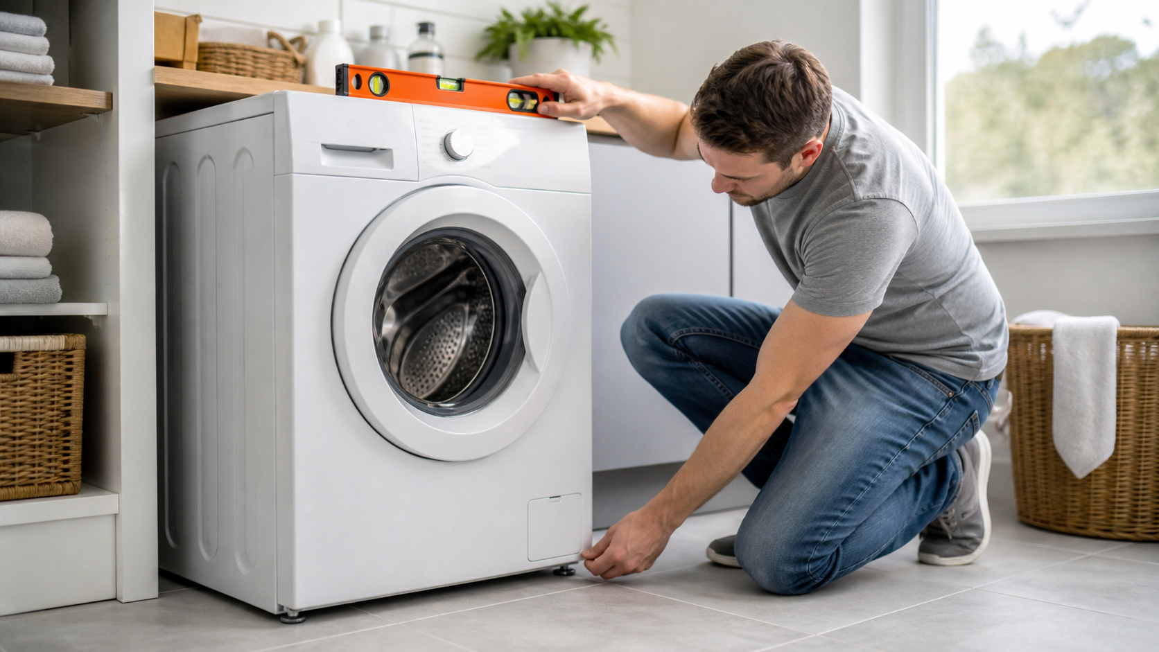 Homeowner using a bubble level beside an unbranded front-load washer in a bright laundry room
