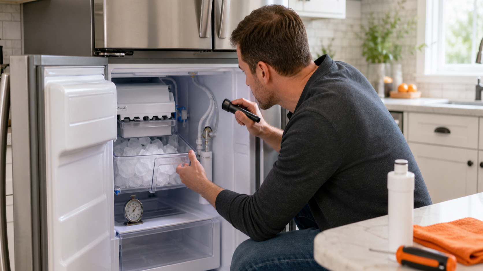 Homeowner using a flashlight to inspect an unbranded refrigerator ice bin and accessible water line