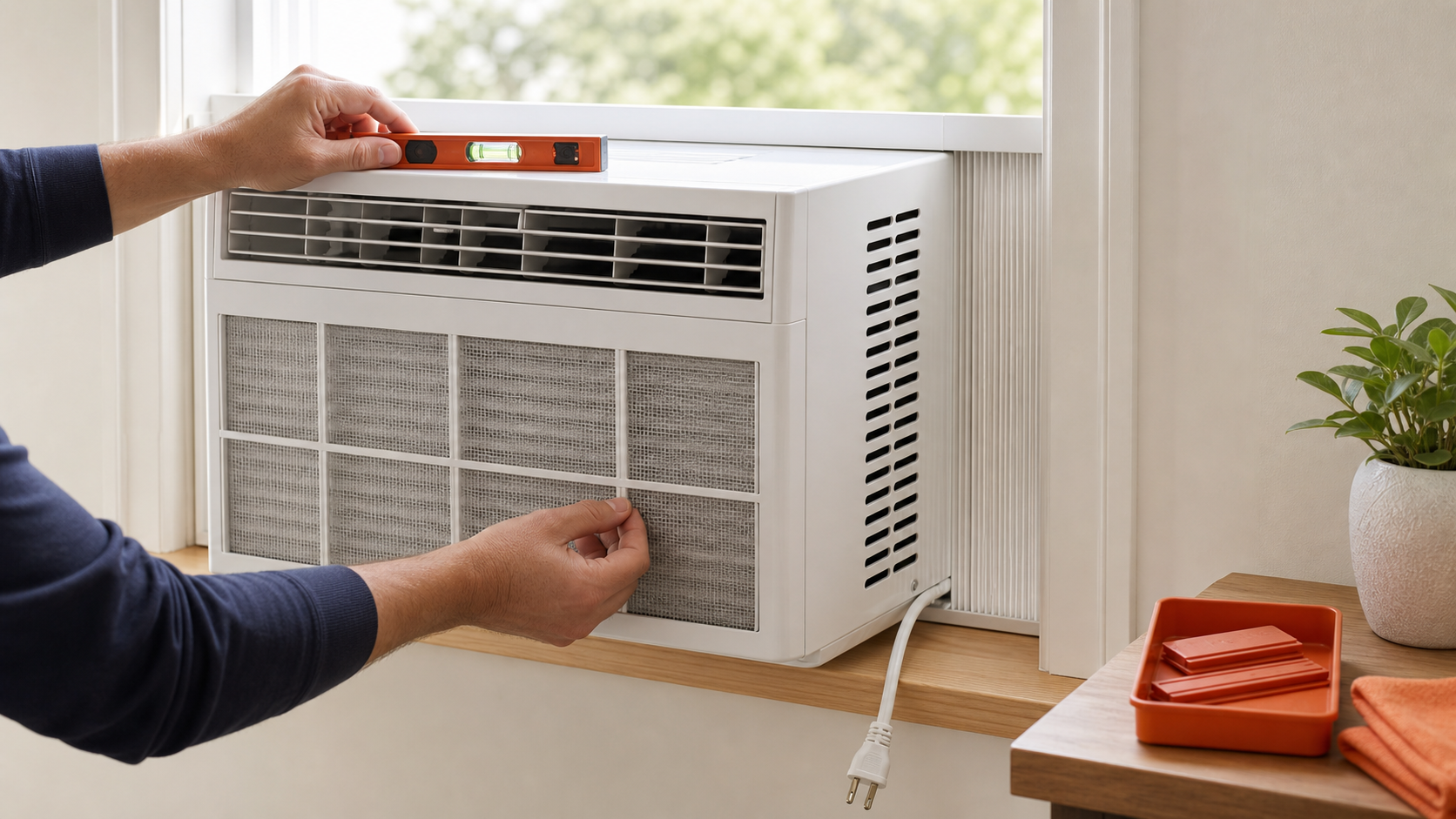 Homeowner checking the filter and level of an unplugged unbranded window air conditioner