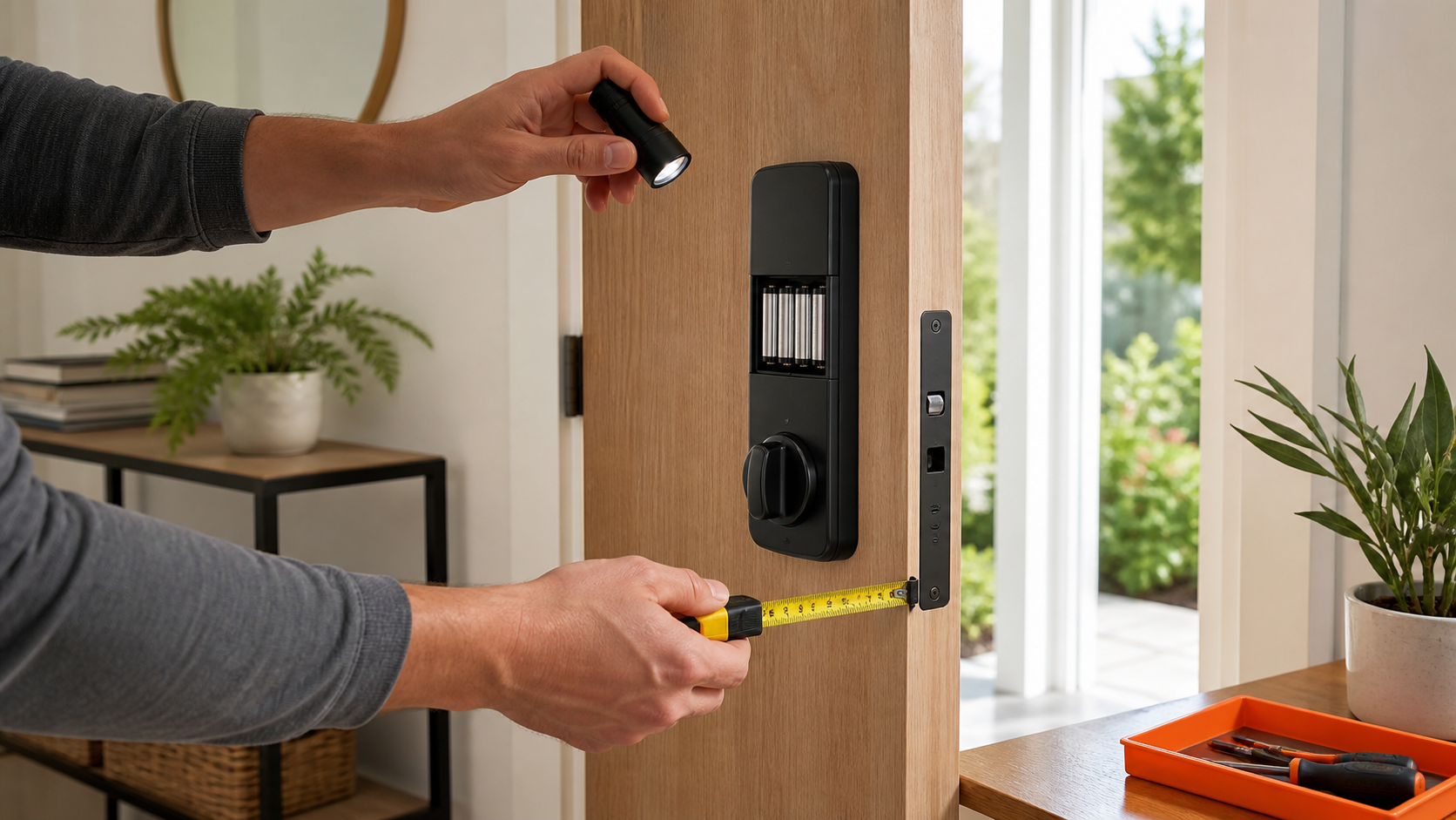 Homeowner checking the battery tray and door alignment beside an unbranded black smart deadbolt